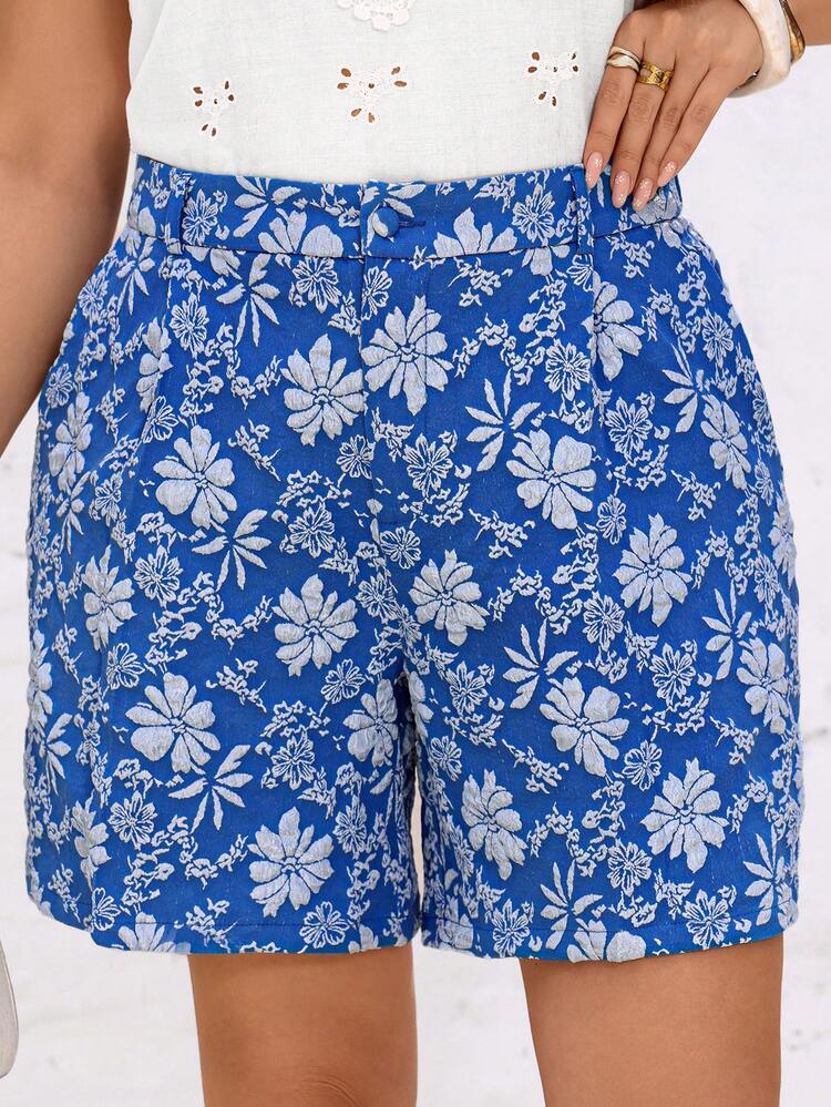 Plus Size Women's Summer Casual Vacation Elegant Romantic Blue Floral Jacquard Shorts With Pockets, Suitable For Summer Vacation,Casual Vacation Outfits Woman,Simple And Fashionable For Everyday Wear,Summer Tops Women,Summer Outfits For Women,Casual Holiday Style,Holiday Outfits For Women,Going Out Outfits, New Clothes,Suitable For Summer, Vacation, Daily Wear, Festival Outfits For Women,Beach Outfits For Women,Gifts For Mother,Boho Shorts,Mothers Day Outfit