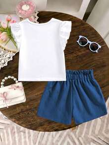 2pcs/Set Girls Toddler Summer New Round Neck Cap Sleeve Marine Life Graphic T-Shirt And Casual Straight Shorts With Bow Front Cute Outfit - Multicolor - View 3