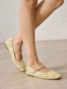 MOTF ZAPATOS TIPO MARY JANE PARA MUJER CON TACÓN CUADRADO HUECO ADORNADO CON CRISTALES ESTILO RETRO, TRANSPIRABLES Y CÓMODOS PARA USO CASUAL Y ELEGANTE, TIPO MOCASÍN DE FÁCIL PUESTA - Amarillo ganso - Ver 6