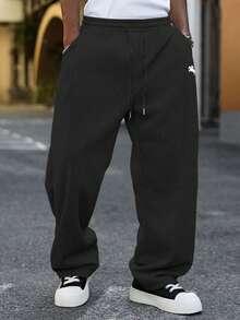 Manfinity EMRG Men's Solid Color Drawstring Waist Pocket Casual Loose Sweatpants, Baggy Grey Sweatpants, For Back To School - Black - View 4