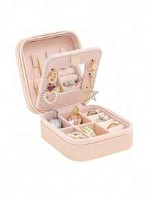 1个旅行首饰收纳盒，女士礼物，迷你首饰整理盒，带镜子的项链耳环收纳盒，粉色旅行必备，妇女节礼物，适合度假海滩、浴室、卧室等场所，大容量 - 彩色 - 查看 11