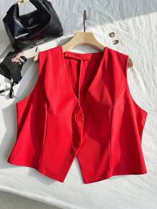 SHEIN EZwear 大码轻薄玫瑰红西装背心，适合毕业典礼、返校、秋冬季教师穿着，女士红色夏季上衣，红色背心，红色露脐上衣 - 紅色 - 查看 5