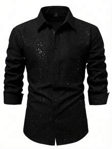 Manfinity Bizformal 男士黑色纹理亮片装饰商务长袖衬衫/现代奢华/魅力夜生活/夏季黑色亮片纽扣衬衫，轻盈透气面料，闪亮点缀，约会之夜和晚宴的百搭上衣/男士纯黑色亮片正装衬衫，闪亮弹力面料，亮片细节，修身剪裁，适合派对男士/黑色衬衫/商务休闲男士衬衫/黑色领衬衫/男士亮片衬衫/黑色正装男士衬衫 - 黑色 - 查看 3