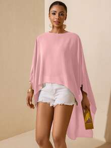 Vesra Áo sơ mi nữ màu trơn, cổ tròn, tay ngắn phía trước, dài phía sau, kiểu dáng thường ngày. - Màu Hồng baby - Xem 6