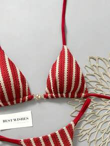 Swim Mod Women's Spring/Summer New Special Fabric Metal Decor V-Neck Halter Backless Triangle Bikini Top And Bottoms Two Pieces Swimwear - Red - View 6