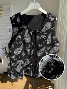 SHEIN EZwear Camisa de chaleco con estampado de anacardo negro de estilo casual de vacaciones, parte superior de paisley con lazo para mujer de talla grande, nuevas llegadas de blusas de verano casuales y elegantes para mujer - Negro - Ver 5