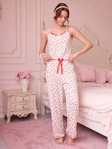 Bonmuse 休闲年轻针织睡衣套装，带心形印花和细肩带，女士心形睡衣套装草莓睡衣套装心形印花睡衣套装红色心形睡衣女士心形睡衣 - 杏色 - 查看 4