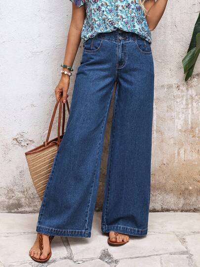 EMERY ROSE Women's Pocket Button Casual Versatile Daily Wear Wide Leg Jeans