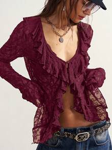 Bohemela Blus Lengan Panjang Rajut Renda Warna Polos Kasual Gaya Boho untuk Wanita, Atasan Musim Panas - Burgundy - View 4