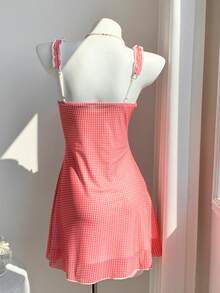 SHEIN Comfortcana Đầm ngắn kẻ caro trang trí nơ dành cho nữ, thích hợp cho các buổi hẹn hò và tiệc tùng. - Đỏ - Xem 2