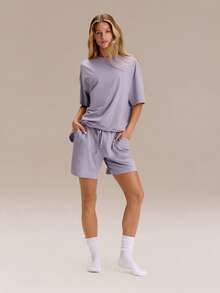 GLOWMODE 6'' CloudKnit Float On Ultra-Soft Stretchy Lightweight Adjustable Drawstring Elastic Waist Mid Waist Side Pockets Shorts Daily Casual Wear - Purple - View 6