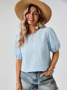 Freevana Áo kiểu nữ cỡ lớn màu trơn khoét lỗ thêu tay tay phồng, phong cách phương Tây, phong cách Boho Bohemian thập niên 90, trang phục lễ hội mùa hè, trang phục mùa hè phong cách Boho cổ điển, trang phục mùa xuân cho nữ, trang phục dự tiệc rave, trang phục lễ hội mùa xuân. - Xanh và trắng - Xem 1