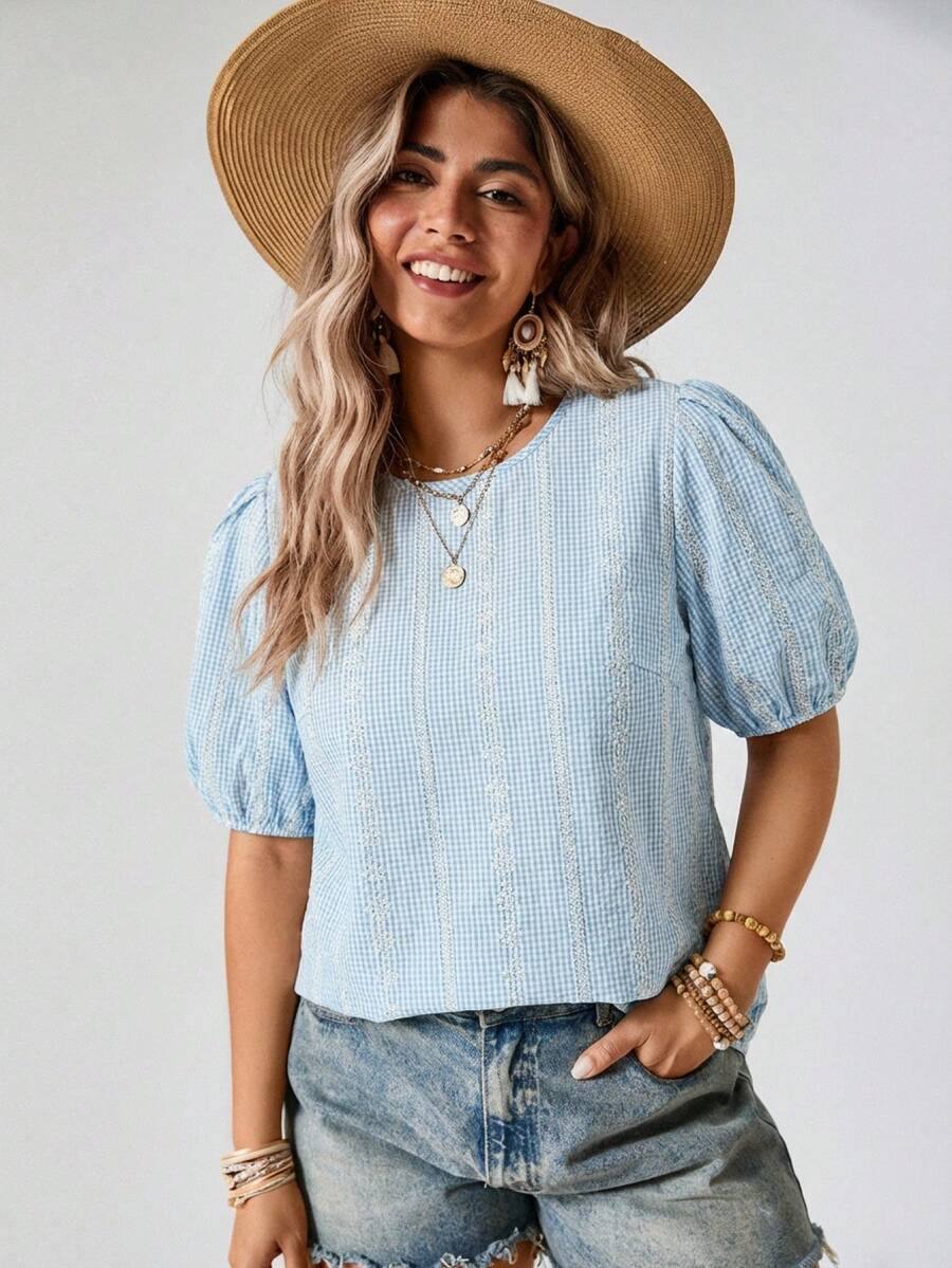 Freevana Áo kiểu nữ cỡ lớn màu trơn khoét lỗ thêu tay tay phồng, phong cách phương Tây, phong cách Boho Bohemian thập niên 90, trang phục lễ hội mùa hè, trang phục mùa hè phong cách Boho cổ điển, trang phục mùa xuân cho nữ, trang phục dự tiệc rave, trang phục lễ hội mùa xuân. - Xanh và trắng - Xem 1