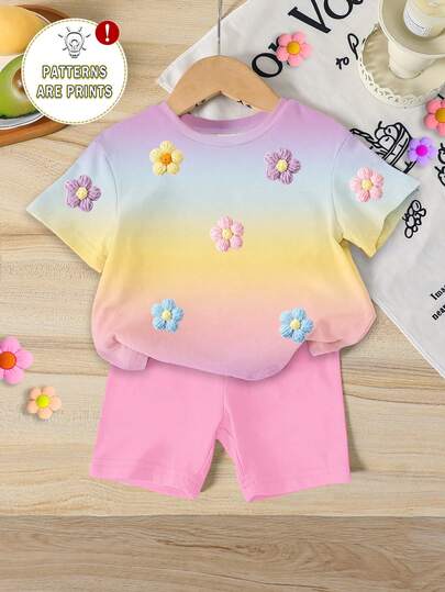 Set de 2 piezas para niñas pequeñas: Parte superior de manga corta con cuello redondo y estampado digital de fondo degradado arcoíris con 5 flores, y pantalones cortos ajustados de color rosa claro sólido. Adecuado para verano, escuela, hogar, exterior. Conjunto de verano lindo para niñas bebés, estilo coreano.