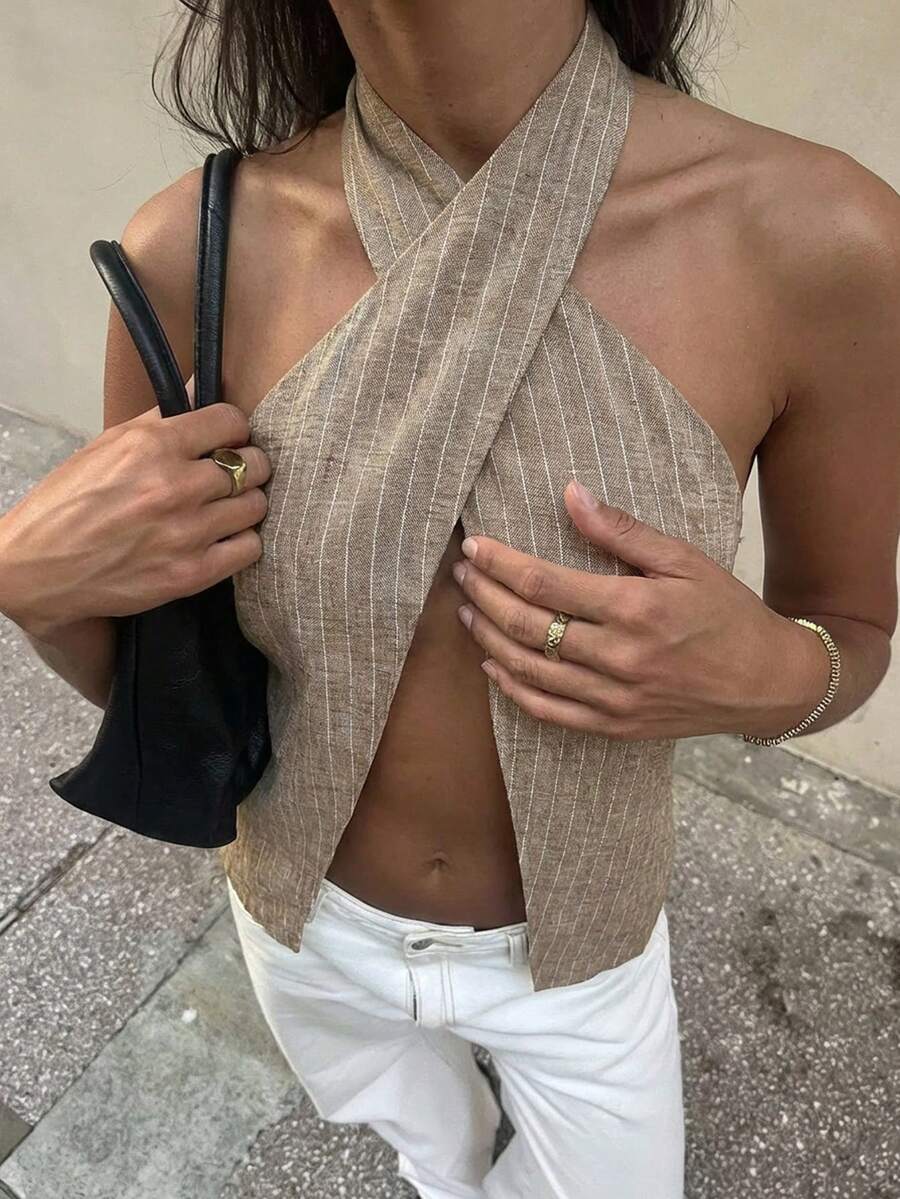 Aloruh 女士性感露背挂脖条纹上衣，夏季度假海滩简约办公风，卡其色浅色条纹交叉上衣