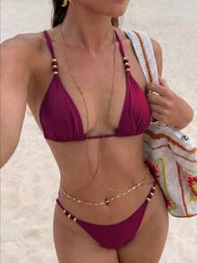 Swim Chiccia Bộ bikini nữ thời trang gợi cảm, bóng bẩy, dây mảnh, đính hạt, hở lưng, kiểu tam giác, quyến rũ, phong cách người nổi tiếng, thích hợp đi biển, nghỉ mát, giải trí, ven biển, bán chạy. - Màu tím - Xem 3
