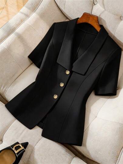 Franclia 女士休闲优雅黑色翻领短袖西装外套，饰以金色纽扣，夏季衬衫，适合日常穿着/度假/约会/办公/教师装。缎面衬衫，黑色衬衫，女士短袖西装外套，缎面衬衫，女士西装套装，女士办公装，女士西装外套，优雅黑色女士西装外套