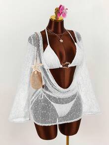 Amplova Bộ bikini hai mảnh gợi cảm dành cho nữ - gồm áo, quần và áo khoác ngoài. - trắng - Xem 11