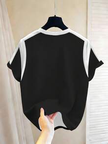 Chillumni 男女通用经典黑色T恤，白色条纹领，简约时尚休闲Logo设计圆领T恤 - 彩色 - 查看 2