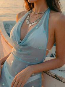 Bonvoyette 女士亮片露背吊带荷叶边罩衫连衣裙，适合外出、度假、海滩、下午茶、野餐、派对等场合。 - 薄荷藍 - 查看 4