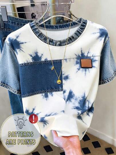 Resyla Women's Fashion Casual Drop Shoulder Round Neck Patchwork Tie-Dye Print T-Shirt, Faux Denim T-Shirt, Tie-Dye T-Shirt, Comfortable Casual Outdoor T-Shirt, All Season T-Shirt