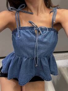 Livesso 女士夏季系带荷叶边拼接镂空音乐节露脐牛仔背心 - 中等水洗藍 - 查看 2