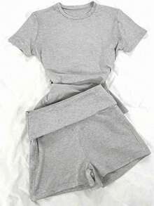 Glimmora 女士休闲两件套，灰色，圆领，舒适休闲服，适合春夏日常休闲穿着 - 淺灰色 - 查看 1
