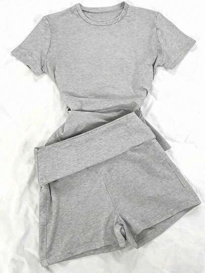 Glimmora ชุดลำลอง 2 ชิ้นสำหรับผู้หญิง, สีเทา, คอกลม, ชุดลำลองที่สวมใส่สบาย, เหมาะสำหรับใส่ในชีวิตประจำวันในฤดูใบไม้ผลิ/ฤดูร้อน