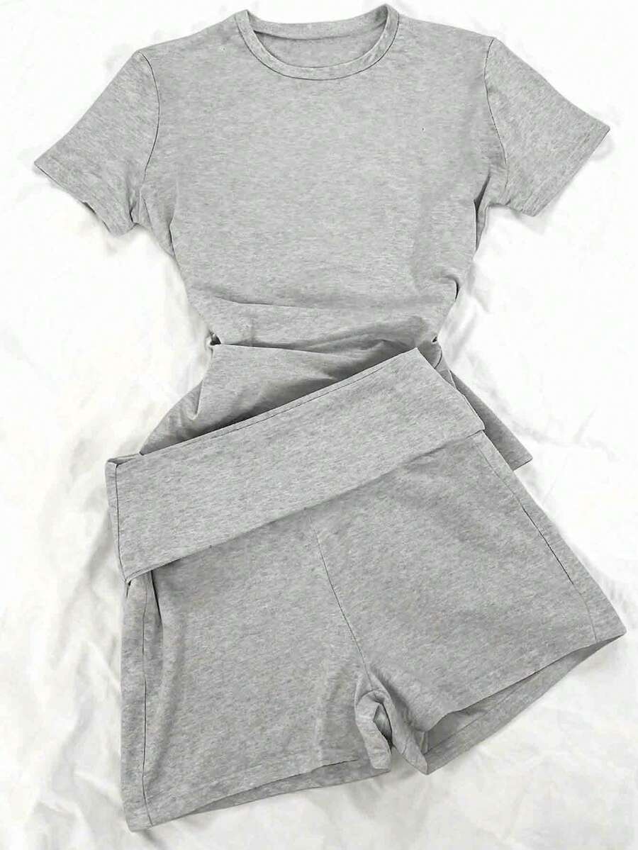 Glimmora 女士休闲两件套，灰色，圆领，舒适休闲服，适合春夏日常休闲穿着 - 淺灰色 - 查看 1