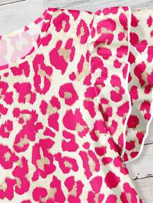 SHEIN Clasi 休闲简约风粉色豹纹荷叶边下摆女式衬衫，适合春夏穿着 - 彩色 - 查看 4