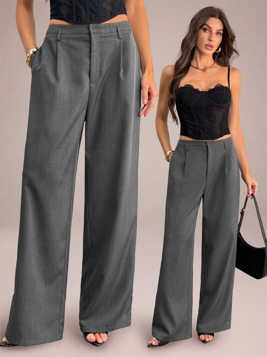 SHEIN Tall Quần nữ công sở, trang phục thường ngày, quần tây nữ, quần ống rộng nữ, trang phục công sở nữ, quần rộng thùng thình, quần áo công sở chuyên nghiệp, màu xám. - Màu xám đen - Xem 1