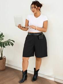 Lounesse Quần short Bermuda đen cỡ lớn dành cho nữ, quần short đi làm đa năng thoải mái, quần short đen ống rộng cho nữ, quần short đen nữ. - màu đen - Xem 7