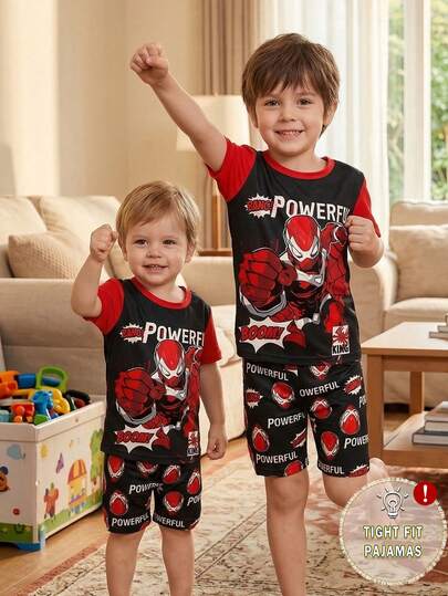 Young BoyRed & Black Contrast Color Superhero Graphic Print Knit Elastic Soft Comfortable Snug Fit Short Sleeve Top And Shorts 2pcs Pajama Set