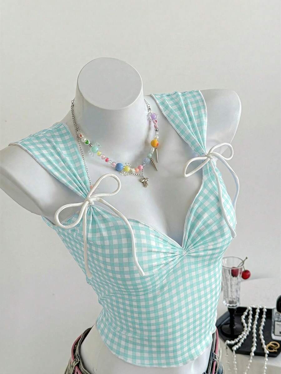 SHEIN EZwear 女士格子系带褶皱修身吊带背心 - 薄荷藍 - 查看 1