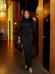 Slaydiva 2025新款优雅性感V领露背长袖连衣裙，适合派对、生日、酒吧、夜店、情人节、万圣节、圣诞节等场合 - 黑色 - 黑色 - 查看 4