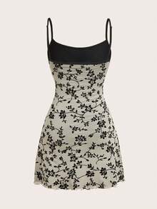 SHEIN EZwear 针织杏色植绒网纱吊带裙 无袖连衣裙 吊带裙 细肩带连衣裙 迷你裙 印花连衣裙 女装 女士夏季连衣裙 女装连衣裙 野花连衣裙 惊艳连衣裙 - 杏色 - 查看 2
