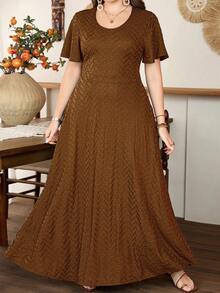 Modelyn Plus Size Women's Ruffle Hem A-Line Dress, Minimalist Elegant Short Sleeve - Brown - View 3