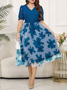 Reflora Plus Size Women Floral Contrast Lace Short Sleeve V-Neck A-Line Midi Dress, Sky Blue Summer Elegant Flower Gown For Wedding Guest Party Prom - Blue - View 11