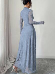 Modelyn Đầm ren màu đỏ rượu vang cổ cao, eo thắt eo dành cho nữ - Màu xanh bụi bặm - Xem 2