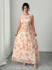 Elenzga Plus Size Women Floral Print Ruched Round Neck Casual Sleeveless Dress - Multicolor - View 3