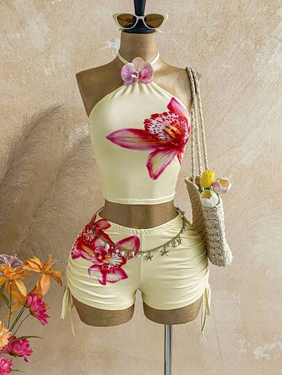 Soleia 女士休闲印花露背上衣和短裤两件套，夏季