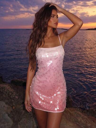 Allurite Women's Romantic Fitted Sexy Gradient Rainbow Sequin Mini Dress, Summer Spaghetti Strap Dress Pink Glitter Dress Pink Club Dress Pink Sequin Dress ,Millennium Clothing,Spring To Summer,Spring Outfit,Spring Clothes,Summer Outfits For Women,Summer Vacation Outfits,Fasching Women Costume,Beach Dress,Sequin Skirt,Yacht Party,Sea ​​Party Clothing Transparent Dress 2000s Dress