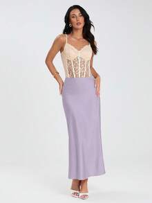 Glamine Falda de satén para mujer, falda con dobladillo de cola de pez versátil, para uso diario, falda larga marrón, faldas para uso formal, faldas largas para mujer, falda midi Y2K, falda larga para mujer, falda midi elegante y formal - Morado - Ver 3