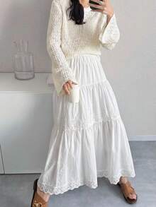 FRIFUL Women's Contrast Lace Maxi Flared Skirt - White - View 5