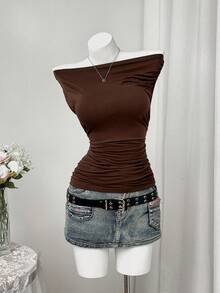 Sunspun Kaos Ukuran Besar Musim Panas Kasual Warna Polos Leher Asimetris Pinggang Terikat - Coklat - View 3