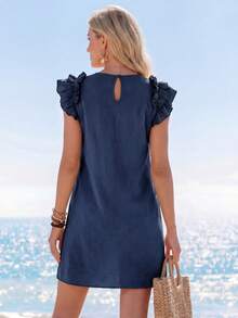 Sylviya Holiday Woven Solid Color Ruffle Decorated Mini Dress With Integrated Strap For Women - Navy Blue - View 2