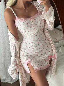 CottageSlumber 2pcs Women's Romantic Ditsy Floral Long Sleeve Robe And Camisole Lace Trim Bowknot Pajama Set - Multicolor - View 5