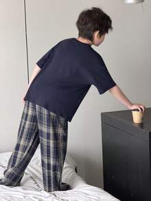 Dazy Kids Tween Boy Solid Color Short Sleeve Top And Plaid Pants Pajama Set Summer - Navy Blue - View 2