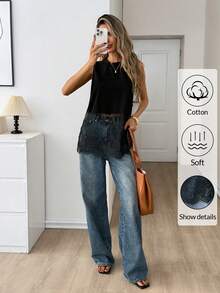 Easowa Women's Cotton Crew Neck Sleeveless Lace Hem Tank Top, Spring/Summer Black Summer Top Sleeveless Tops Casual Tops Women Summer Summer Outfit For Women - Black - View 6