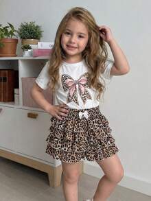 Emery Rose Kids Young Girl Summer Casual Leopard Print Bow T-Shirt And Ruffle Shorts Set - Khaki - View 3